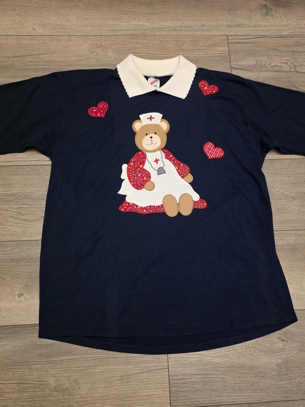 Vintage 90s Nurse Teddy Bear Polo Collar Shirt Size XL